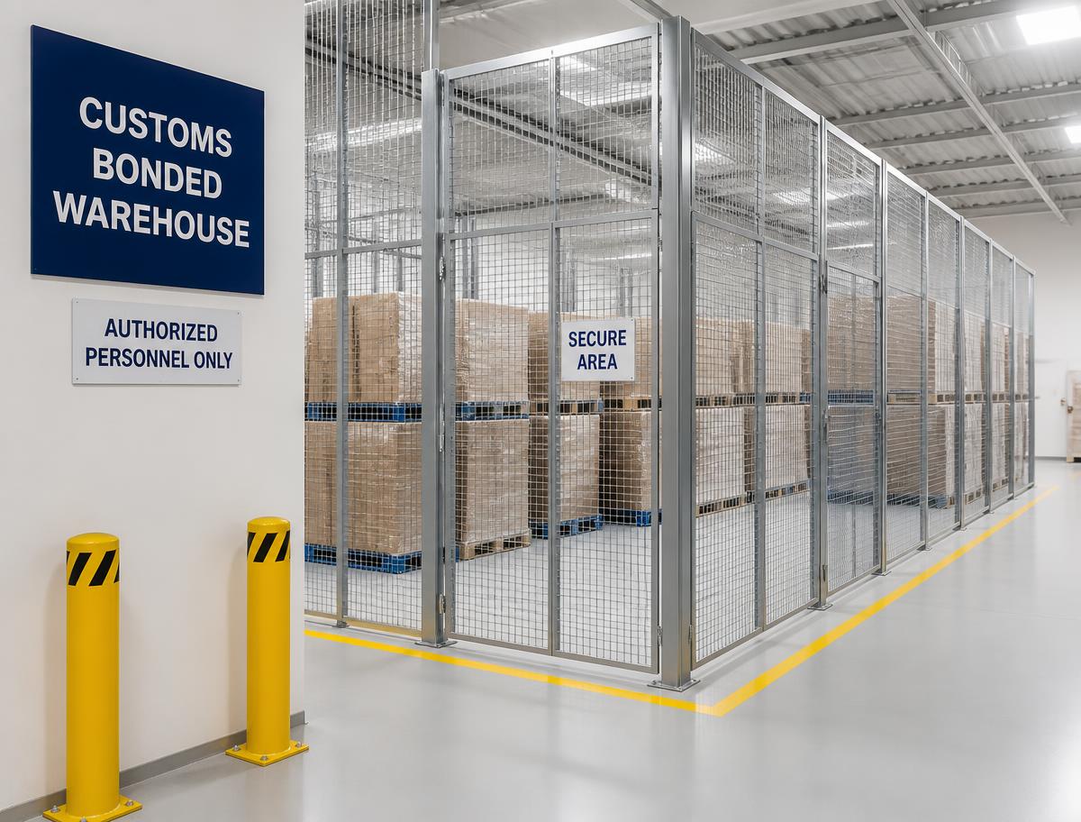 Secure bonded warehouse cage with stacked pallets