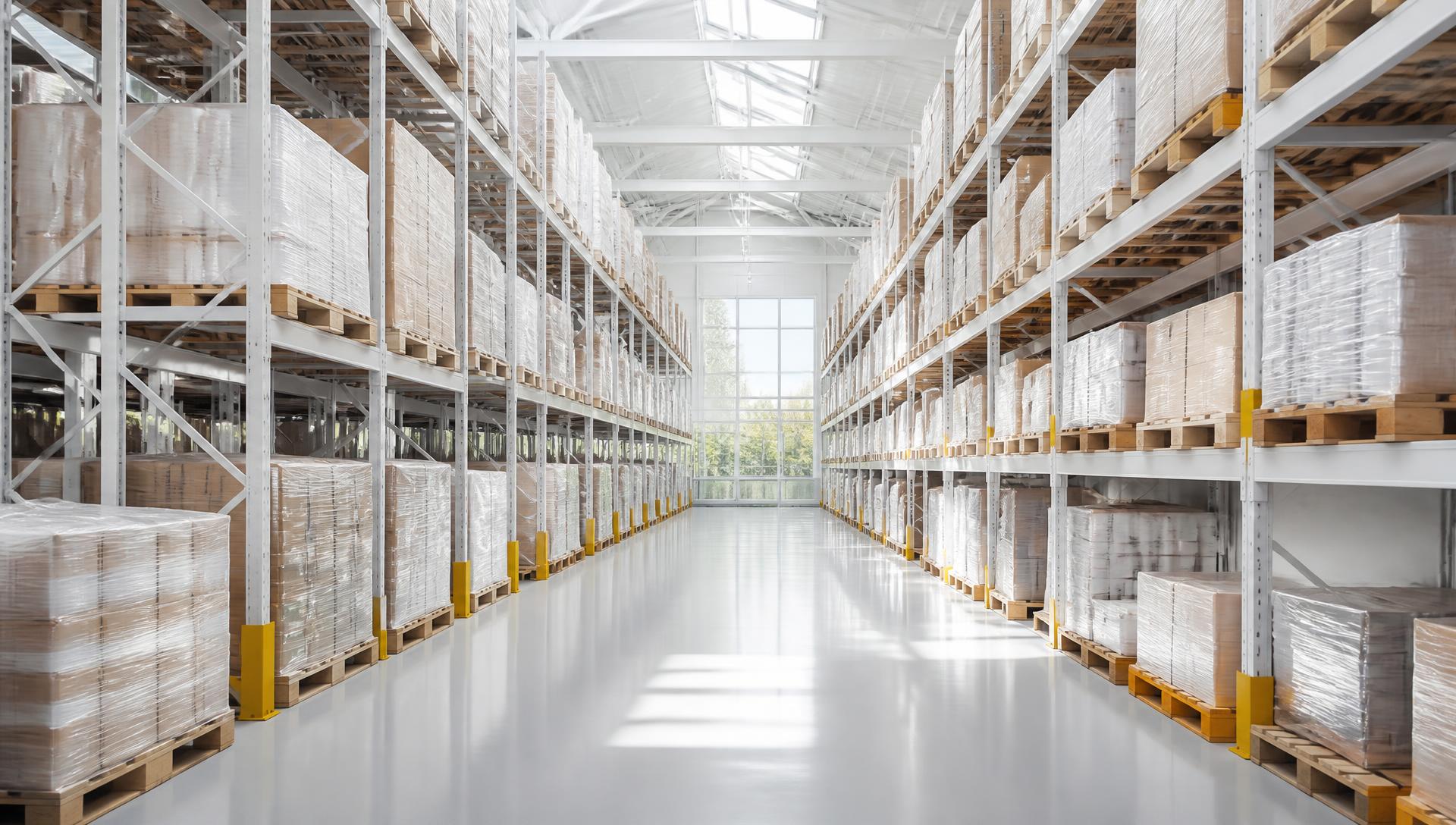 Warehouse aisle lined with high racking
