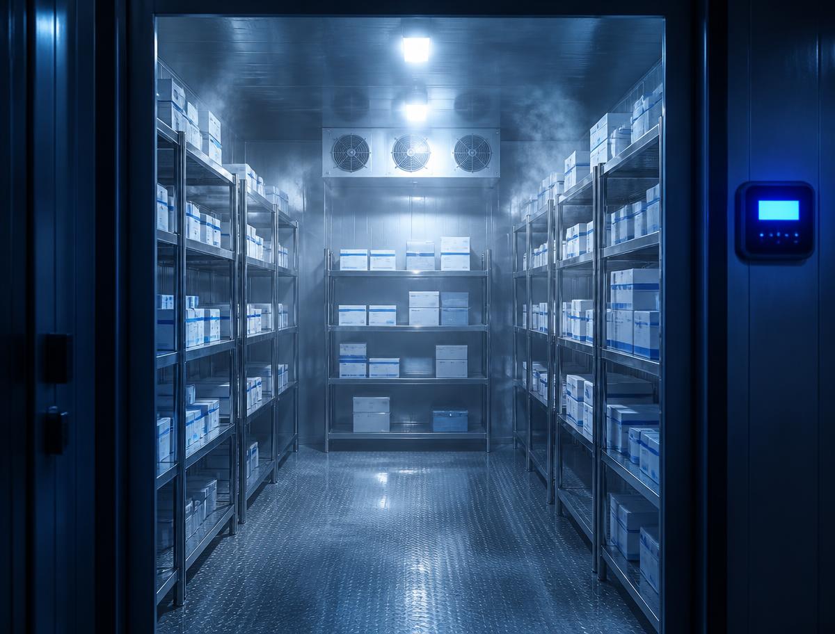 Temperature-controlled pharmaceutical storage room with stainless steel shelving